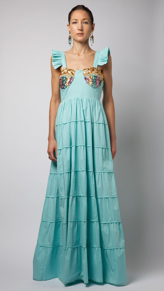 Turquoise Ruffle Sequin Embellished Cotton-Poplin Dress – CAROLINA DESOUZA