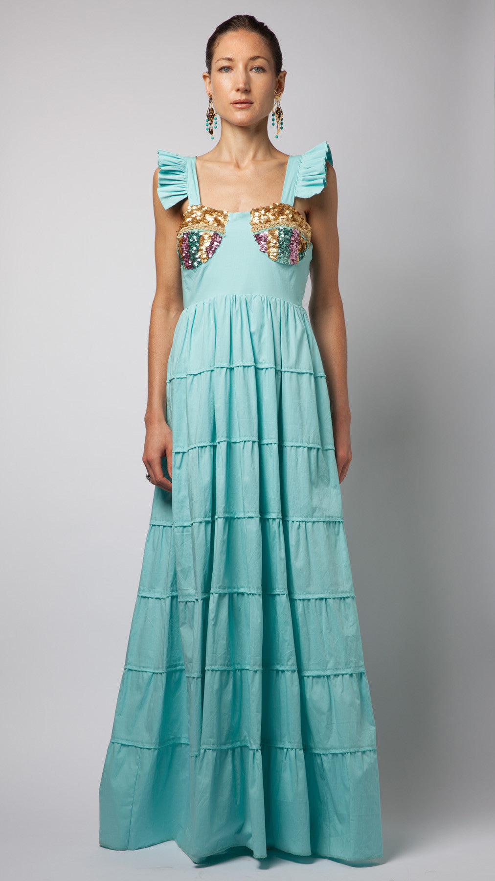 Turquoise Ruffle Sequin Embellished Cotton-Poplin Dress  CAROLINA DESOUZA