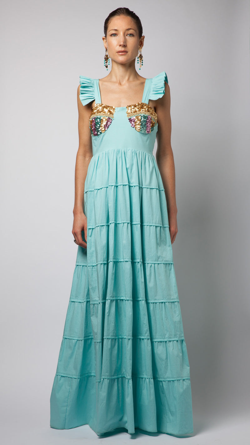 Turquoise Ruffle Sequin Embellished Cotton-Poplin Dress