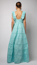 Turquoise Ruffle Sequin Embellished Cotton-Poplin Dress