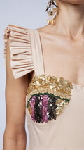 Khaki Ruffle Sequin Embellished Cotton-Poplin Dress