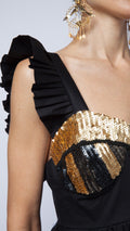 Black Ruffle Sequin Embellished Cotton-Poplin Dress
