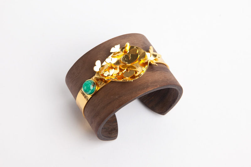Wooden Cuff with 24K Gold & Emerald Cabochon
