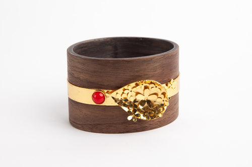 Wooden Bangle with 24K Gold & Coral